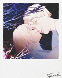  1boy absurdres agni_(fire_punch) bare_tree branch brother_and_sister crying crying_with_eyes_open female film_grain fire_punch half-closed_eyes highres looking_at_another luna_(fire_punch) parted_lips photo_(object) short_hair siblings signature smile tears teeth texture tree tsuioku_(908026270) upper_teeth_only 