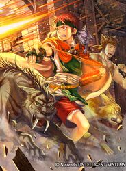  animal_ears belt cape cat_ears company_name cuffs debris fire fire_emblem fire_emblem:_radiant_dawn fire_emblem_cipher fleeing headband holding holding_weapon indoors multiple_boys official_art open_mouth red_eyes red_hair sabertooth_cat shackles shorts takaya_tomohide tormod_(fire_emblem) weapon 