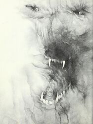  1976 20th_century abstract_background ambiguous_gender ancient_art black_and_white black_nose canid canine canis creepy feral greyscale growling mammal monochrome mythological_canine mythological_creature mythology nightmare_fuel open_mouth scary small_eyes solo stephen_gammell surreal traditional_media_(artwork) were werecanid werecanine werewolf wolf 