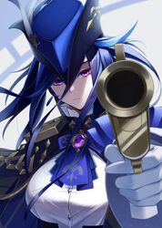  aiming aiming_at_viewer blue_cape blue_hair blue_hat breasts cape clorinde_(genshin_impact) dark_blue_hair epaulettes feathers female gem genshin_impact gloves hat hat_feather highres kutsuda_miru large_breasts mitsudomoe_(shape) multicolored_hair pointing_gun purple_eyes purple_gemstone serious shirt solo streaked_hair tomoe_(symbol) tricorne twitter_username uniform vision_(genshin_impact) white_gloves white_shirt 