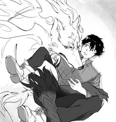  campfire_cooking_in_another_world_with_my_absurd_skill canid canine canis domestic_pet duo fel_(fenrir) feral hi_res human male mammal master monochrome mukoda_tsuyoshi size_difference white33758768 wolf 