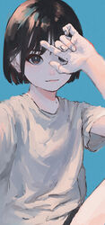  absurdres aqua_background black_eyes black_hair bob_cut covering_own_eyes female hand_up highres looking_at_viewer original ritao_kamo shadow shirt short_hair short_sleeves simple_background solo white_shirt 