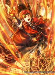  1boy arm_up belt boots cape company_name fire fire_emblem fire_emblem:_radiant_dawn fire_emblem_cipher headband holding holding_weapon indoors magic male_focus official_art open_mouth red_eyes red_hair shorts solo takaya_tomohide tormod_(fire_emblem) weapon 