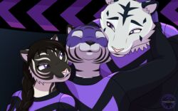  anthro bengal_tiger black_body black_fur braided_hair celene_nari chevron_(marking) closed_eyes clothing eowyn_makhar felid female fur group group_photo group_picture hair hi_res hug larger_female larger_male leaning leaning_forward leucistic looking_back male mammal markings melanistic pantherine pattern_clothing pierce_baggar proceleon purple_body purple_eyes purple_fur siberian_tiger signature size_difference slightly_chubby slightly_chubby_female smaller_female smaller_male smile smiling_at_another smiling_at_partner striped_body striped_clothing striped_fur stripes sumatran_tiger tiger trio uniform watermark white_body white_fur x3 