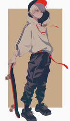  1boy absurdres belt black_footwear black_pants border brown_background commentary drawstring full_body grey_hoodie hat highres hood hood_down hoodie male_focus original pants red_belt ritao_kamo shadow shoes simple_background skateboard solo standing symbol-only_commentary white_border 