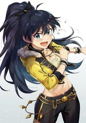  ayano_yuu_(sonma_1426) belt beyond_the_vibes_(idolmaster) black_belt black_hair black_pants blue_eyes commentary cropped_jacket earrings female fur-trimmed_hood fur_trim ganaha_hibiki groin highres hood hood_down hoop_earrings idolmaster idolmaster_(classic) idolmaster_million_live! idolmaster_million_live!_theater_days jacket jewelry long_hair long_sleeves looking_at_viewer lowleg lowleg_pants midriff_peek navel necklace oerba_yun_fang open_mouth pants pointing pointing_at_self ponytail smile solo standing v-shaped_eyebrows wristband yellow_jacket 