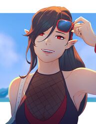  black_hair blurry blurry_background bracelet breasts cleavage earrings elezen elf eyewear_on_head female final_fantasy final_fantasy_xiv hair_between_eyes hilda_ware hyur jewelry koyorin looking_at_viewer medium_breasts one-piece_swimsuit open_mouth pointy_ears ponytail red_eyes ring see-through solo sunglasses swimsuit upper_body 