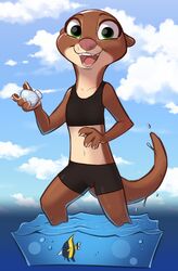  2022 absurd_res anthro bottomwear clothing disney female green_eyes hi_res lontra looking_at_viewer mammal midriff mrs._otterton mustelid navel north_american_river_otter open_mouth open_smile otter river_otter sea shorts siroc smile solo swimwear water zootopia 