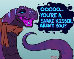  5:4 boy_kisser_(meme) clothed clothed_feral clothing digital_media_(artwork) english_text fangs feral hi_res looking_at_viewer male meme open_mouth redgreenfluffball reptile scales scalie scarf serpentine simple_background smile snake solo tail teeth text tongue zach_snowfox 