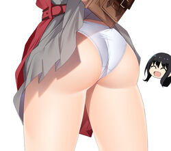  2girls ass ass_focus bag belt black_hair clothes_lift dress dress_lift grey_dress inoue_takina kippuru long_hair lower_body lycoris_recoil lycoris_uniform multiple_girls nishikigi_chisato open_mouth panties pleated_dress red_dress smile thighs two-tone_dress underwear white_background white_panties 