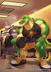  anthro bodily_fluids bottomwear canid canine canis clothing crocodile crocodilian crocodylid dumbbell duo exercise gym hi_res humanoid league_of_legends looking_at_another male male/male mammal muscular muscular_anthro muscular_male open_mouth pecs primodrago renekton reptile riot_games scalie scar shirt shorts sweat tencent topwear warwick_(lol) weights wolf 