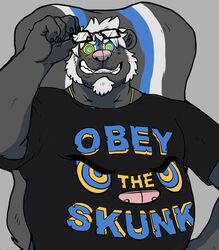  2019 5_fingers anthro azure_(bluedude) black_clothing black_shirt black_topwear claws clothing digital_media_(artwork) english_text eyewear facial_hair fingers glasses goatee grey_background grey_body hair hyenaface hypnosis hypnotic_eyes hypnotizing_viewer looking_at_viewer male mammal mephitid mind_control pink_nose ringed_eyes shirt simple_background skunk slightly_chubby solo teeth text topwear white_hair 