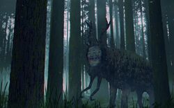  antlers chromatic_aberration commentary eldritch_abomination extra_arms extra_eyes extra_mouth extra_noses forest grass grey_eyes hayapi_(sinsin08051) highres horns horror_(theme) monster nature no_humans original outdoors parted_lips red_eyes scenery teeth tree 