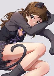  animal_ear_fluff animal_ears animal_hands ayano_yuu_(sonma_1426) bell black_footwear black_gloves black_shirt black_shorts blue_bow bow breasts brown_eyes brown_hair cleavage closed_mouth commentary female frilled_shorts frills from_above gloves grey_background highres idolmaster idolmaster_million_live! kemonomimi_mode kitazawa_shiho lace-up_top light_smile long_hair looking_at_viewer lying medium_breasts on_side paw_gloves paw_shoes shirt short_shorts shorts shrug_(clothing) simple_background solo tail 