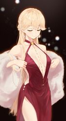  absurdres adjusting_clothes armpits backless_dress backless_outfit bare_shoulders black_background blonde_hair blurry blush bokeh braid breasts breasts_apart cleavage closed_mouth clothes_pull coat cocktail_dress collarbone commentary depth_of_field dress dress_pull earrings english_commentary eyebrows female fur_coat girls&#039;_frontline hair_over_shoulder half-closed_eyes head_tilt highres jewelry kimi_(hearty_yuuki) long_hair midriff midriff_peek mixed-language_commentary necklace official_alternate_costume ots-14_(girls&#039;_frontline) ots-14_(ruler_of_the_banquet)_(girls&#039;_frontline) pearl_earrings red_dress side_slit smile solo standing stole strap_gap thigh_gap thighs very_long_hair white_coat yellow_eyes 