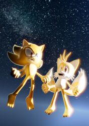  3d_(artwork) absurd_res anthro canid canine digital_media_(artwork) duo eulipotyphlan fox hedgehog hi_res male mammal narrow_hips on_model powering_up sega smpthehedgehog sonic_the_hedgehog sonic_the_hedgehog_(series) space super_form super_sonic super_tails tails thigh_gap thin_calves thin_legs thin_thighs 