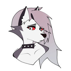  1:1 absurd_res black_nose canid canid_demon canine collar demon digital_drawing_(artwork) digital_media_(artwork) ear_piercing ear_ring female fur grey_body grey_fur grey_hair hair hellhound helluva_boss hi_res loona_(helluva_boss) mammal multicolored_body multicolored_fur mythological_canine mythological_creature mythology piercing red_sclera ring_piercing signature simple_background solo spiked_collar spikes sunriseuwu white_background white_body white_fur 