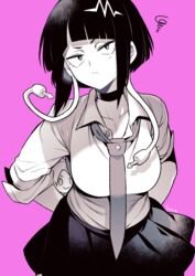  1boy arms_behind_back audio_jack boku_no_hero_academia breasts choker closed_mouth collarbone commentary cowboy_shot earplugs female frown highres jirou_kyouka kaminari_denki looking_at_viewer loose_necktie medium_breasts monochrome necktie pink_background school_uniform shirt short_hair simple_background skirt solo_focus squiggle symbol-only_commentary takatsuki_ichi u.a._school_uniform 