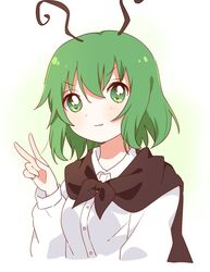  :3 antennae black_cape buttons cape closed_mouth collared_shirt commentary_request female green_eyes green_hair long_sleeves looking_at_viewer namori_(style) sasaki_sakiko shirt short_hair smile solo touhou upper_body v v-shaped_eyebrows white_shirt wriggle_nightbug 