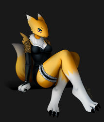  absurd_res anthro bandai_namco black_outfit canid canine digimon digimon_(species) digital_media_(artwork) elegant female ferelay hi_res mammal pin_accessory renamon risl_zxc simple_background solo 