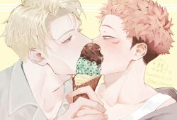  2boys age_difference blonde_hair blush collared_shirt covered_mouth food highres himada_(hmd_0316368) ice_cream implied_kiss itadori_yuuji jujutsu_kaisen male_focus multiple_boys nanami_kento pink_hair portrait shirt short_hair sweets twitter_username undercut yaoi yellow_eyes 