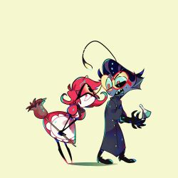  1_eye baxter_(hazbin_hotel) broom cleaning_tool clothing coat demon digital_media_(artwork) doctor_jung duo eyebrows eyewear female glasses hair hazbin_hotel hi_res lab_coat maid_uniform male male/female niffty_(hazbin_hotel) simple_background smile topwear uniform 