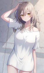  absurdres alternate_costume arm_at_side arm_up breasts collarbone commentary_request cowboy_shot female grey_hair hair_between_eyes hand_on_own_head highres honkai:_star_rail honkai_(series) large_breasts light_blush long_hair looking_at_viewer parted_lips primamiya shirt single_bare_shoulder solo standing stelle_(honkai:_star_rail) trailblazer_(honkai:_star_rail) white_shirt yellow_eyes 