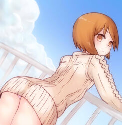  aran_sweater ass blue_sky brown_eyes brown_hair cable_knit closed_mouth commentary cowboy_shot day dress female from_behind i.u.y kinuhata_saiai leaning_forward light_blush long_sleeves looking_at_viewer medium_bangs medium_hair outdoors panties pantyshot pink_panties railing short_dress sky solo sweater sweater_dress toaru_majutsu_no_index underwear white_dress white_sweater 