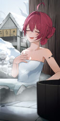  absurdres ahoge bare_shoulders closed_eyes collarbone commentary danjin_(wuthering_waves) english_commentary female folded_braid hair_between_eyes hair_intakes hand_on_own_chest highres huge_ahoge indoors medium_hair onsen open_mouth red_hair relaxing ryeon_(bluetom1) smile snow solo tacet_mark_(wuthering_waves) teeth towel upper_teeth_only wuthering_waves 