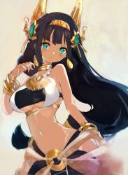  bangle black_hair blue_eyes blush bracelet breasts cleavage_cutout clothing_cutout dark-skinned_female dark_skin earrings eyelashes female gold_earrings gold_necklace hairband headdress highres jewelry kakuwashi long_hair low-tied_long_hair multiple_bracelets narrow_waist navel necklace phantom_brave sidelocks smile solo stomach underboob upper_body very_long_hair yellow_background yellow_pupils 