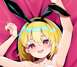  :d absurdres animal_ears arm_up armpits bare_arms bare_shoulders bed_sheet blonde_hair blunt_bangs blush bright_pupils chinese_commentary collarbone commentary_request dohna_dohna_issho_ni_warui_koto_o_shiyou eyelashes fake_animal_ears female fingernails hand_up happy highres kanon_(sinto) looking_at_viewer medium_hair mistress_(dohna_dohna) open_mouth out-of-frame_censoring pink_background rabbit_ears red_eyes simple_background smile solo tareme white_pupils 