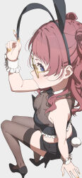  animal_ears arm_at_side bare_shoulders black_shorts black_thighhighs blue_eyes blush breasts brown_hair cleavage crop_top double_bun facing_away fake_animal_ears female from_above from_side full_body gakuen_idolmaster glasses hair_bun hanami_saki hand_on_own_ear high_heels highres idolmaster looking_at_viewer midriff mishio pulling_own_ear rabbit_ears rabbit_tail see-through see-through_cleavage see-through_shirt shirt short_shorts shorts simple_background sleeveless sleeveless_shirt small_breasts solo tail thighhighs wrist_cuffs yellow_nails 