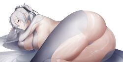  absurdres armpits ass befe blush bodysuit breasts cinderella_(nikke) clothing_cutout crotch female goddess_of_victory:_nikke highres large_breasts long_hair looking_at_viewer lying on_side parted_bangs red_eyes sideboob simple_background smug solo thighs twintails very_long_hair white_background white_bodysuit white_hair 