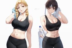  2girls absurdres antenna_hair black_pants black_sports_bra blonde_hair bottle breasts brown_eyes brown_hair cleavage hair_pulled_back headband high-waist_pants highres holding holding_bottle holding_towel kanzuki_karin kasugano_sakura large_breasts long_hair looking_at_viewer multiple_girls mymzi navel pants parted_lips ringlets short_hair sports_bra street_fighter street_fighter_zero_(series) sweat toned_female towel twitter_username water_bottle white_background white_headband wiping_sweat yoga_pants 