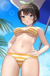  absurdres beach_umbrella bikini blue_eyes blue_sky blush breasts brown_hair female hand_on_own_hip highres hisui_(user_zvkr2432) hololive looking_at_viewer medium_breasts navel official_alternate_costume oozora_subaru oozora_subaru_(hololive_summer_2019) open_mouth palm_tree sky solo striped_bikini striped_clothes swimsuit tree umbrella virtual_youtuber 