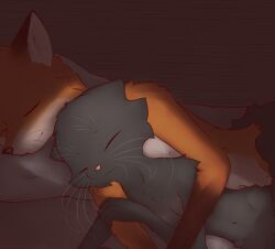  anthro bed bedding blanket canid canine cdt2s closed_eyes domestic_cat duo felid feline felis female fox furniture hi_res hug male male/female mammal pillow red_fox sleeping snowflake_(cdt2s) true_fox whiskers 