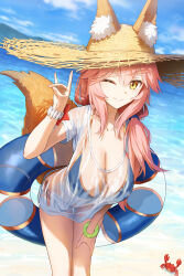  animal_ear_fluff animal_ears bangle beach bikini bikini_under_clothes blue_bikini blue_innertube blue_sky blush bracelet breasts cleavage cloud cloudy_sky collarbone commentary crab day ears_through_headwear fate/grand_order fate_(series) female fingernails fox_ears fox_girl fox_print fox_shadow_puppet fox_tail green_wristband hair_tie hand_on_own_thigh hand_up hat highres huge_breasts innertube jewelry kamo_ashi leaning_forward long_hair looking_at_viewer mountainous_horizon ocean one_eye_closed orange_trim outdoors pink_hair see-shirt shirt short_sleeves side-tie_bikini_bottom sky smile solo standing star_ornament straw_hat striped_innertube sun_hat swim_ring swimsuit tail tamamo_(fate) tamamo_no_mae_(fate/extra) tamamo_no_mae_(swimsuit_lancer)_(fate) tamamo_no_mae_(swimsuit_lancer)_(second_ascension)_(fate) thigh_gap thighs wet wet_clothes wet_shirt white_shirt white_wristband yellow_eyes yellow_hat 