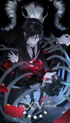  2boys absurdres badge bishounen black_hair black_jacket black_nails black_necktie black_ribbon black_suit blue_hair ciel_phantomhive crescent_moon dark_blue_hair earrings english_text flower flower_on_chest glowing glowing_eyes highres holding jacket jewelry kuroshitsuji male_focus moon multiple_boys neck_ribbon necktie pale_skin parted_lips petals red_eyes red_flower red_petals ribbon sebastian_michaelis signature skull suit toritoki_(1301237579) tuxedo_shirt yaoi 