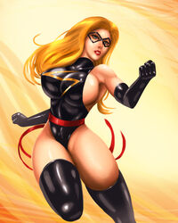  1girls aqua_eyes armpits black_gloves black_legwear blonde_hair breasts carol_danvers domino_mask elbow_gloves female female_only fist gloves huge_breasts latex leotard lipstick long_hair marvel mask ms._marvel ms._marvel_(carol_danvers) pose sash shiny shiny_clothes simple_background smile solo standing svoidist thighhighs 