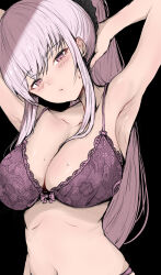  armpits arms_up black_background black_bra black_scrunchie blush bra breasts cleavage female hair_ornament hair_scrunchie highres hololive hololive_english large_breasts long_hair looking_at_viewer mori_calliope pink_hair ponytail red_eyes sak1_01 scrunchie underwear virtual_youtuber 