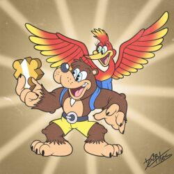  2021 anthro avian banjo-kazooie banjo_(banjo-kazooie) beak brown_body brown_fur claws dannycortoons duo feathered_wings feathers feet female fingers fur hi_res kazooie male open_mouth open_smile puzzle_piece rareware signature smile toes wings 