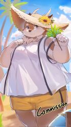  anthro beach belly blue_eyes blush bottomwear brown_body brown_fur bulge clothing deer flower fur guantoubaobao hat headgear headwear hi_res kazusa male mammal moobs overweight palm_tree plant shorts solo straw_hat sun_hat sunflower tamacolle tree 