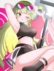  absurdres arknights arm_up armpits black_shorts blunt_bangs breasts crop_top female green_hair highres holding holding_polearm holding_weapon large_breasts navel official_alternate_costume one_eye_closed polearm poncirus_(arknights) poncirus_(to_rest_in_night_breezes)_(arknights) red_eyes round_eyewear short_shorts shorts sleeveless solo spam_(spamham4506) war_hammer weapon 