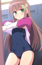  :o blue_one-piece_swimsuit blunt_bangs blurry blurry_background breasts brown_hair butterfly_hair_ornament commentary_request commission covered_navel curakuru female green_eyes hair_ornament highres iris.exe_(mega_man) locker locker_room long_hair long_sleeves looking_at_viewer mega_man_(series) mega_man_battle_network_(series) old_school_swimsuit one-piece_swimsuit open_mouth school_swimsuit sidelocks skeb_commission small_breasts solo split_mouth steaming_body swimsuit undressing 