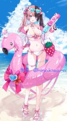  artist_name bare_shoulders bikini black_hair bow breasts choker cleavage cloud cloudy_sky female full_body hairbow highres hinakisara holding holding_water_gun jacket long_hair long_sleeves looking_at_viewer multicolored_hair navel open_clothes open_jacket outdoors parted_lips pink_bow pink_choker pink_hair sandals sky solo standing stomach swimsuit tachibana_hinano_(vtuber) thigh_strap twintails twitter_username two-tone_hair virtual_youtuber vspo! water_gun white_bikini white_footwear white_jacket 