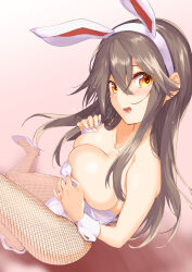  animal_ears black_hair breasts brown_eyes commentary_request fake_animal_ears female fishnet_pantyhose fishnets haruna_(kancolle) high_heels highres kantai_collection kyougoku_touya large_breasts leotard long_hair pantyhose playboy_bunny rabbit_ears sitting solo strapless strapless_leotard white_footwear white_leotard wrist_cuffs 