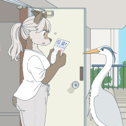  ambiguous_gender anthro avian beak bird bovid caprine clothed clothing duo ekaki510 female feral heron hi_res horn japanese_serow kemono mammal pelecaniform scut_tail serow short_tail tail 