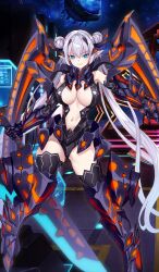  armor armored_boots bare_shoulders black_armor black_leotard blue_eyes blush boots breasts britomart_(fate) center_opening cleavage double_bun fate/grand_order fate_(series) female gauntlets grey_hair hair_bun headgear large_breasts leotard long_hair looking_at_viewer matsuryuu metal_wings navel official_art pointy_ears thigh_boots twintails very_long_hair weapon 