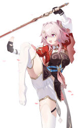  :d absurdres arm_up black_dress black_gloves blue_eyes breasts dress female fighting_stance fingerless_gloves freeeeeeeeeee gloves hair_intakes highres holding holding_sword holding_weapon honkai:_star_rail honkai_(series) long_sleeves march_7th_(honkai:_star_rail) march_7th_(hunt)_(honkai:_star_rail) medium_breasts no_shoes official_alternate_costume official_alternate_hairstyle open_mouth pink_eyes pink_hair purple_eyes short_hair shorts shuangyaji smile solo standing standing_on_one_leg sword thighhighs two-tone_eyes weapon white_shorts white_thighhighs 