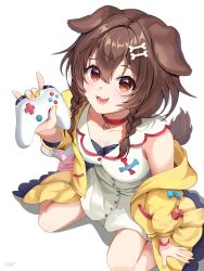  :3 absurdres animal_collar animal_ears blush bone_hair_ornament bone_print braid breasts brown_eyes brown_hair brown_tail cartoon_bone cleavage collar collarbone commentary controller dog_ears dog_girl dog_tail dress eyelashes female from_above game_controller hair_between_eyes hair_ornament highres holding holding_controller holding_game_controller hololive inugami_korone inugami_korone_(1st_costume) jacket jin_kemi kneeling long_hair looking_at_viewer low_twin_braids nail_polish oerba_yun_fang open_mouth red_collar shadow sitting smile solo symbol-only_commentary tail twin_braids virtual_youtuber white_background yellow_jacket yellow_nails 